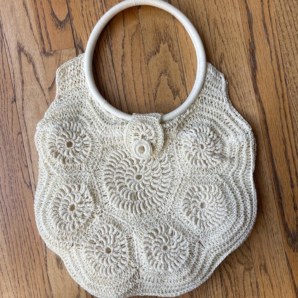 Macrame Crocheted Purse Bag Wrapped Ring Hoop Handles Bag Lined Boho Bohemian